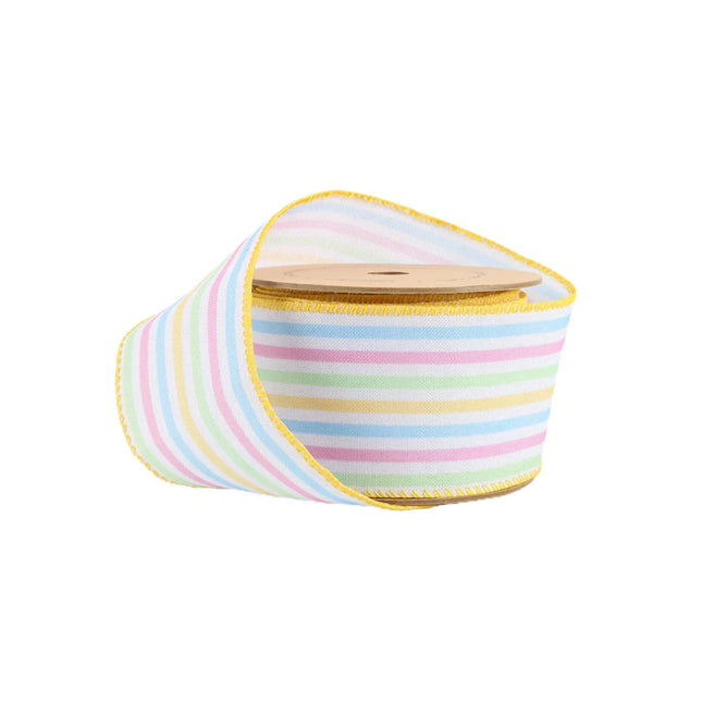 2 1/2" Wired Ribbon | White w/ Bright Railroaded Stripes Green/Pink/Blue/Yellow | 10 Yard Roll LaRibbons and Crafts