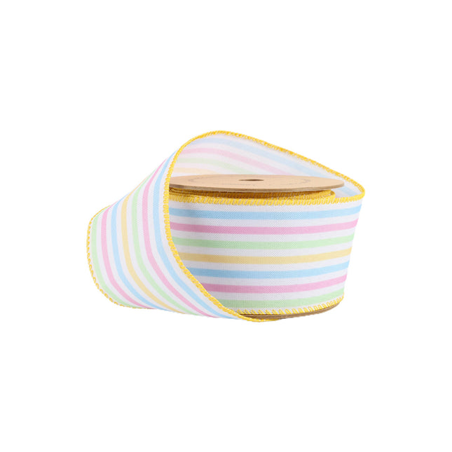 2 1/2" Wired Ribbon | White w/ Bright Railroaded Stripes Green/Pink/Blue/Yellow | 10 Yard Roll LaRibbons and Crafts