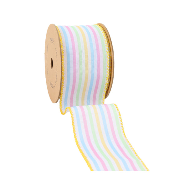 2 1/2" Wired Ribbon | White w/ Bright Railroaded Stripes Green/Pink/Blue/Yellow | 10 Yard Roll