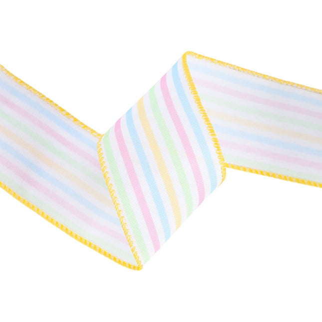 2 1/2" Wired Ribbon | White w/ Bright Railroaded Stripes Green/Pink/Blue/Yellow | 10 Yard Roll LaRibbons and Crafts