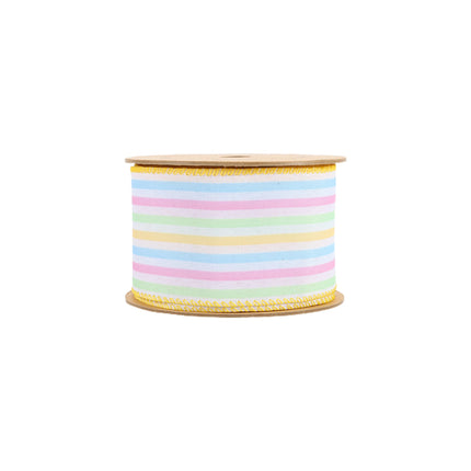 2 1/2" Wired Ribbon | White w/ Bright Railroaded Stripes Green/Pink/Blue/Yellow | 10 Yard Roll LaRibbons and Crafts