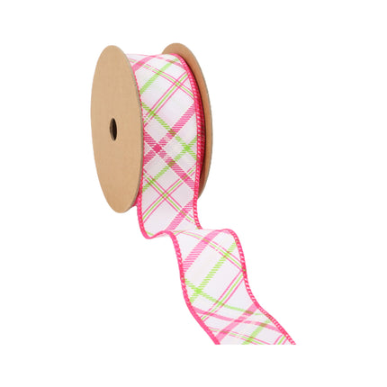 Wired Ribbon | White w/ Pastel Pink and Green Bias Plaid | 10 Yard Roll LaRibbons and Crafts