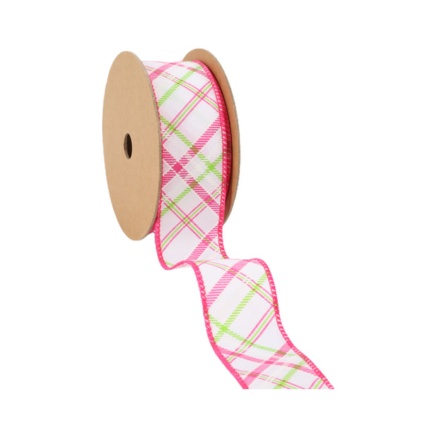Wired Ribbon | White w/ Pastel Pink and Green Bias Plaid | 10 Yard Roll