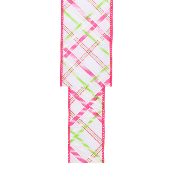 Wired Ribbon | White w/ Pastel Pink and Green Bias Plaid | 10 Yard Roll