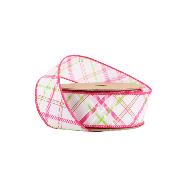 Wired Ribbon | White w/ Pastel Pink and Green Bias Plaid | 10 Yard Roll