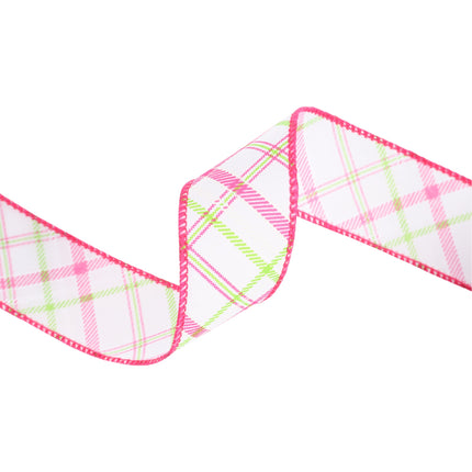 Wired Ribbon | White w/ Pastel Pink and Green Bias Plaid | 10 Yard Roll LaRibbons and Crafts