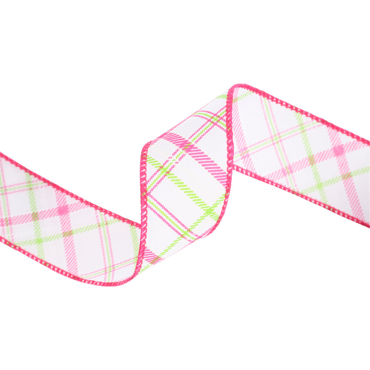 Wired Ribbon | White w/ Pastel Pink and Green Bias Plaid | 10 Yard Roll