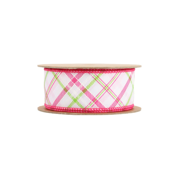 Wired Ribbon | White w/ Pastel Pink and Green Bias Plaid | 10 Yard Roll