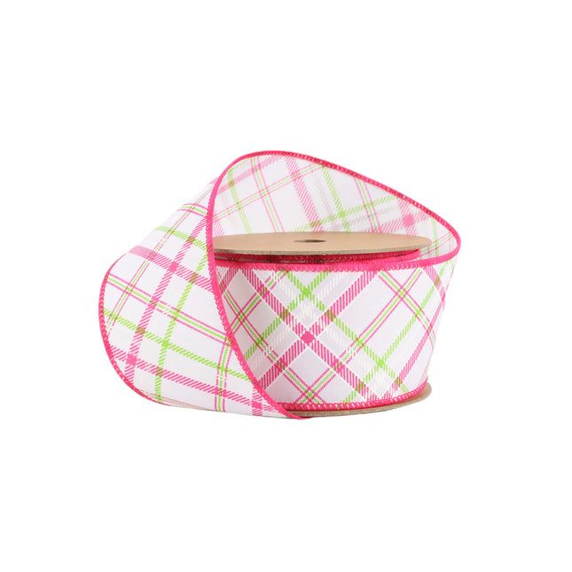 Wired Ribbon | White w/ Pastel Pink and Green Bias Plaid | 10 Yard Roll