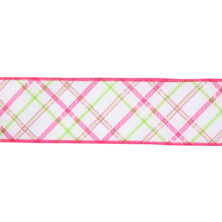 Wired Ribbon | White w/ Pastel Pink and Green Bias Plaid | 10 Yard Roll