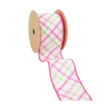 Wired Ribbon | White w/ Pastel Pink and Green Bias Plaid | 10 Yard Roll LaRibbons and Crafts