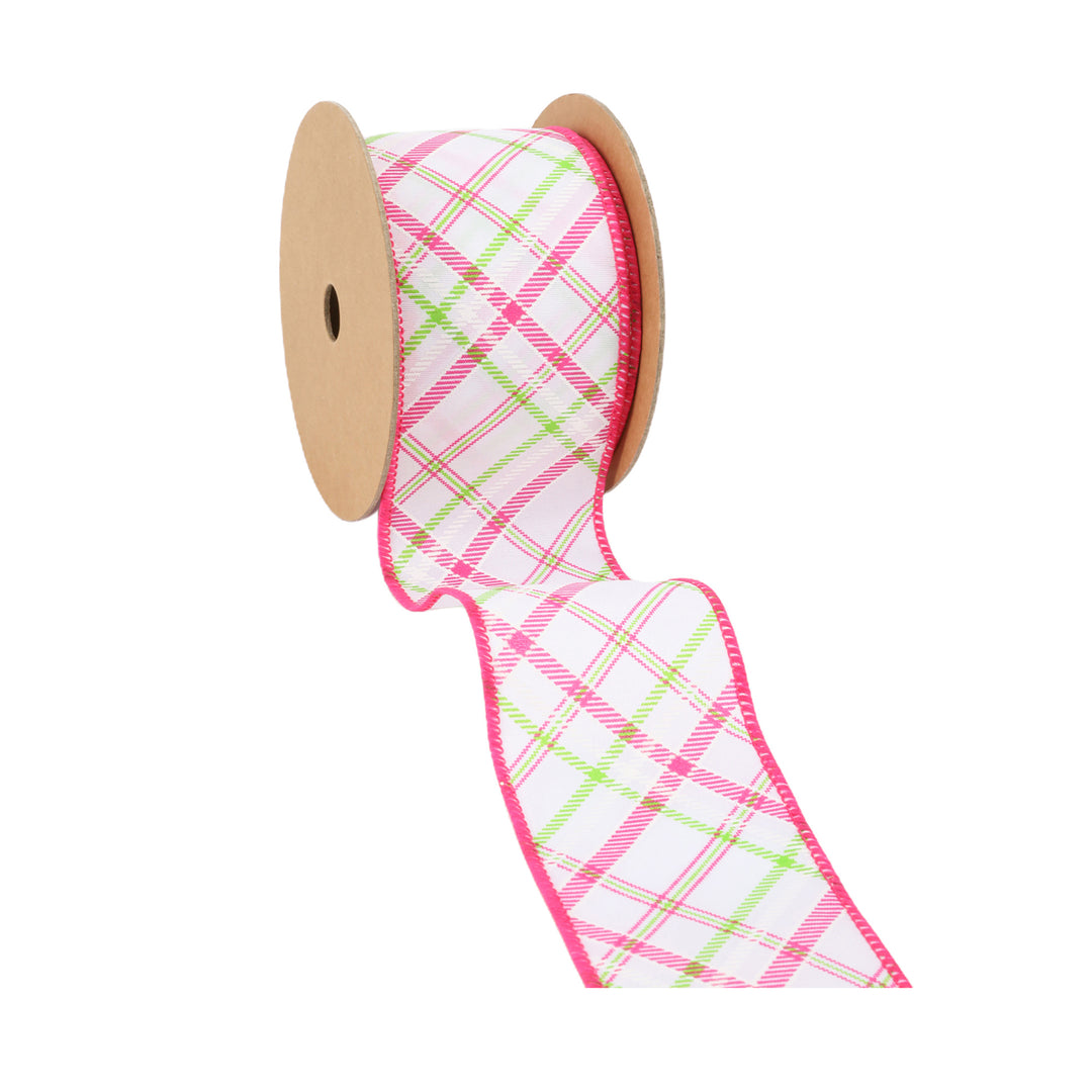 Wired Ribbon | White w/ Pastel Pink and Green Bias Plaid | 10 Yard Roll