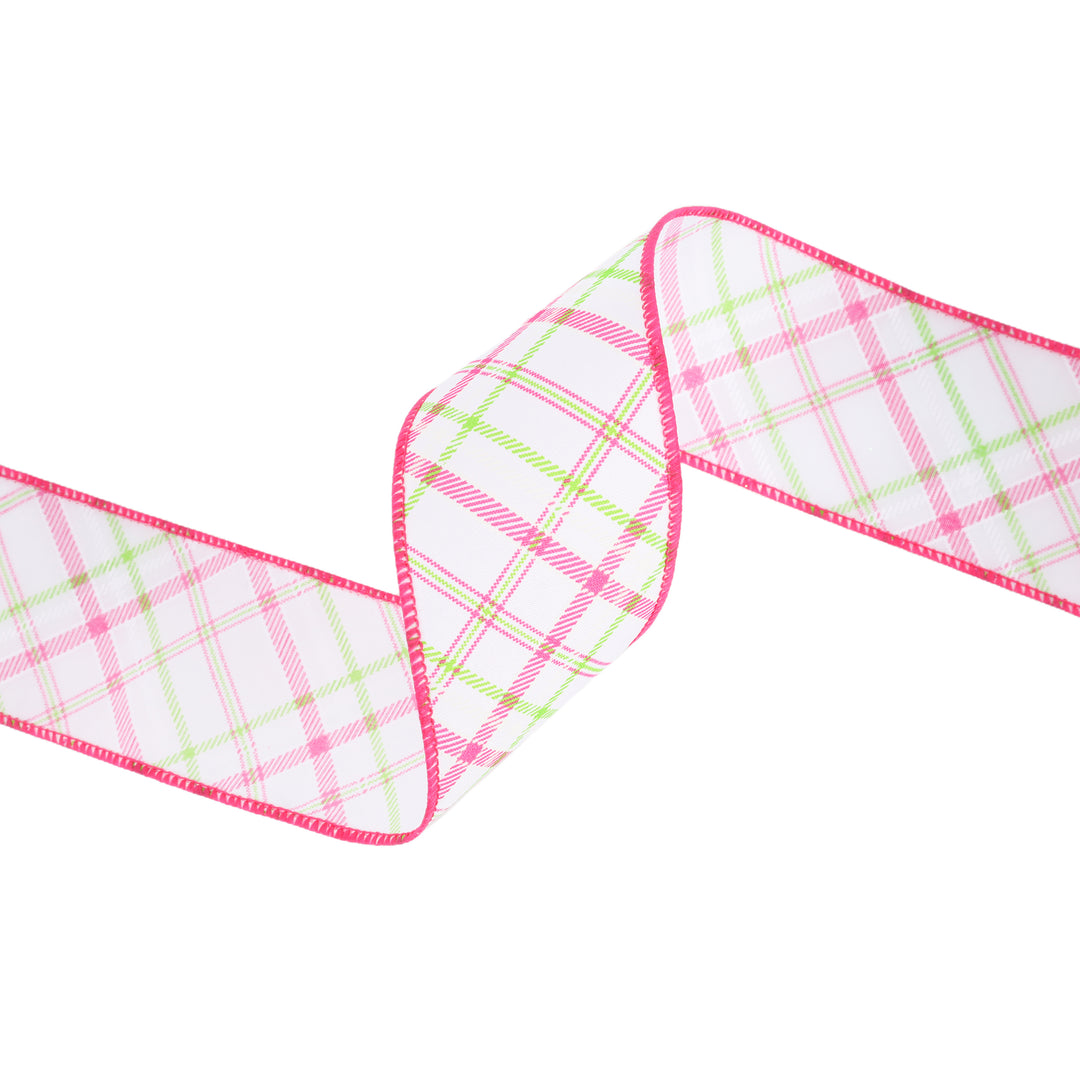 Wired Ribbon | White w/ Pastel Pink and Green Bias Plaid | 10 Yard Roll