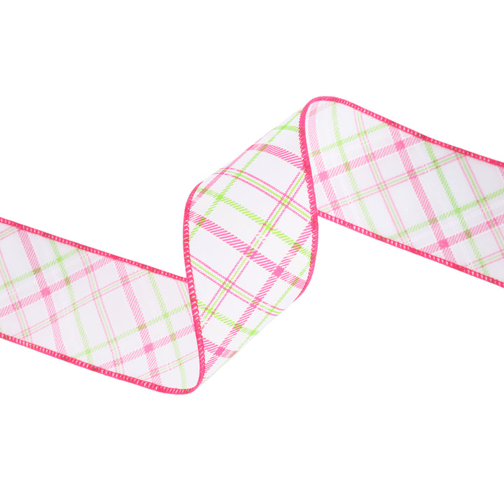 Wired Ribbon | White w/ Pastel Pink and Green Bias Plaid | 10 Yard Roll