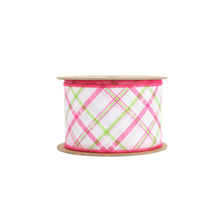 Wired Ribbon | White w/ Pastel Pink and Green Bias Plaid | 10 Yard Roll LaRibbons and Crafts