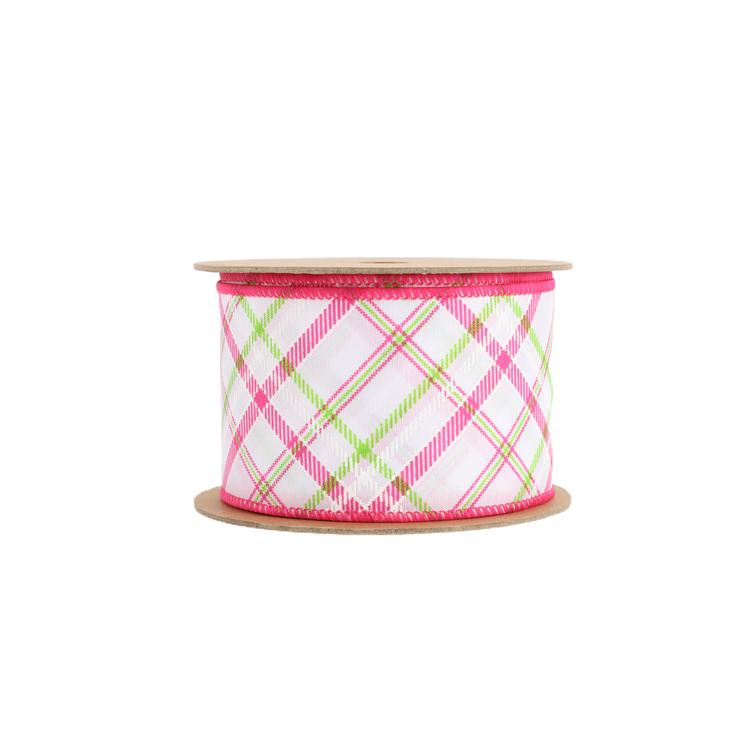 Wired Ribbon | White w/ Pastel Pink and Green Bias Plaid | 10 Yard Roll