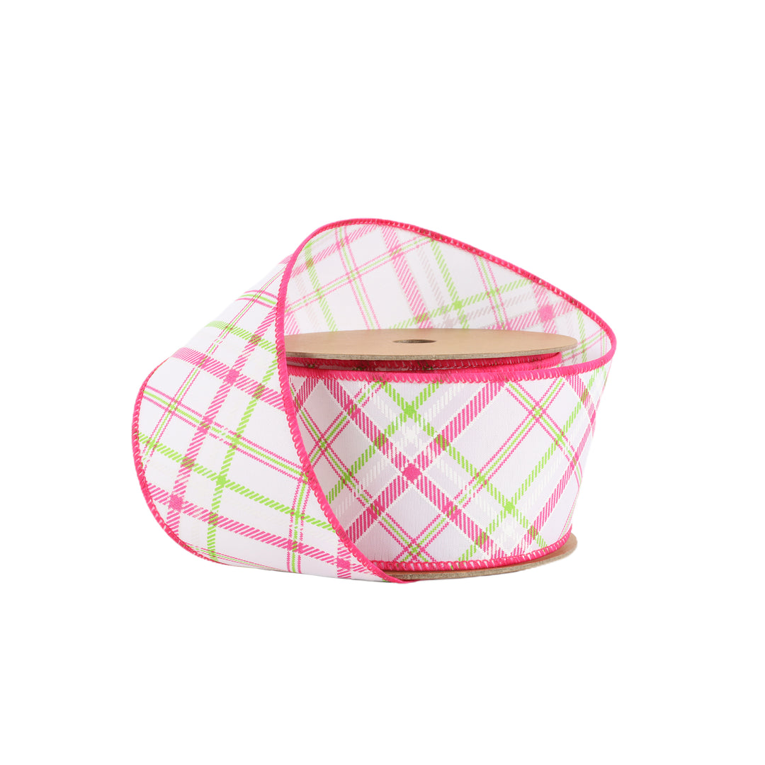 Wired Ribbon | White w/ Pastel Pink and Green Bias Plaid | 10 Yard Roll