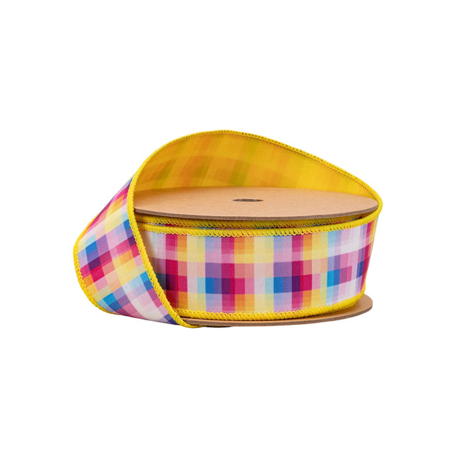 1 1/2" wired bright check ribbon, ideal for adding vibrant flair to birthday gift wrapping
