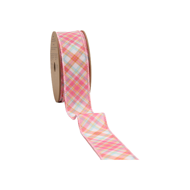 1 1/2" Wired Ribbon | Pink Bias Plaid | 10 Yard Roll