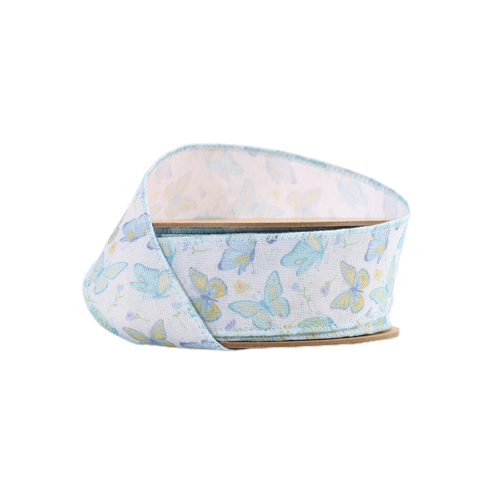 1 1/2" Wired Ribbon | White/Blue Butterflies | 10 Yard Roll