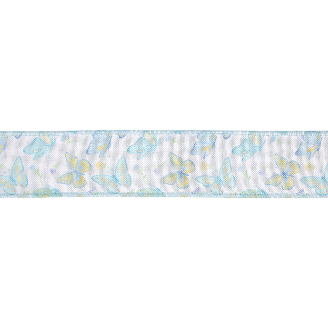 1 1/2" Wired Ribbon | White/Blue Butterflies | 10 Yard Roll