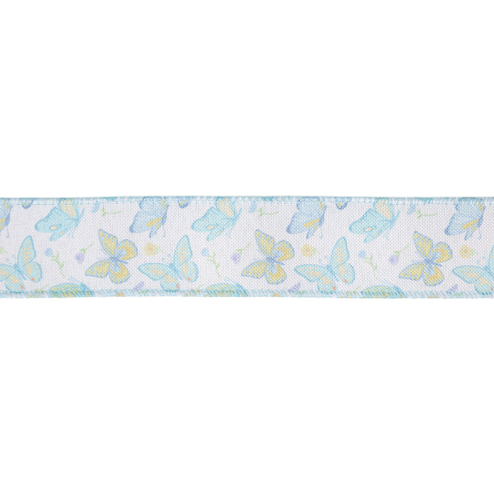 1 1/2" Wired Ribbon | White/Blue Butterflies | 10 Yard Roll