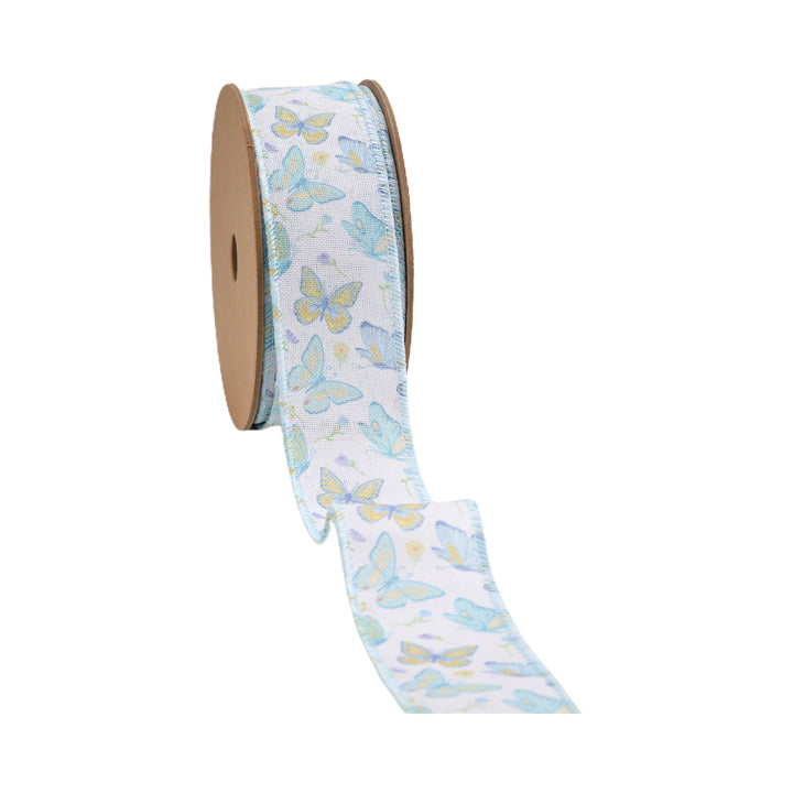 1 1/2" Wired Ribbon | White/Blue Butterflies | 10 Yard Roll