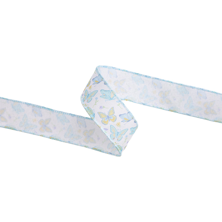 1 1/2" Wired Ribbon | White/Blue Butterflies | 10 Yard Roll