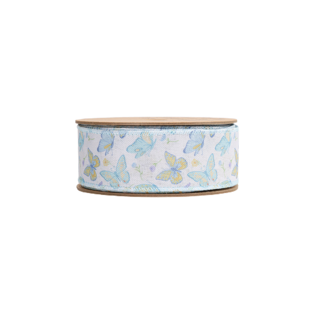 1 1/2" Wired Ribbon | White/Blue Butterflies | 10 Yard Roll