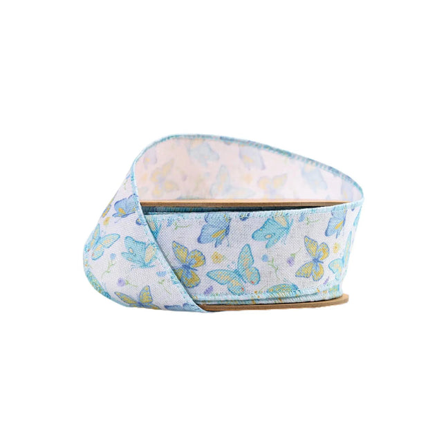 1 1/2" Wired Ribbon | White/Blue Butterflies | 10 Yard Roll LaRibbons and Crafts