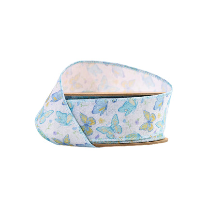 Roll of white wired ribbon with blue & yellow butterfly print for spring bows.