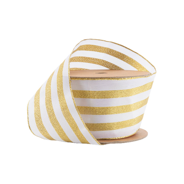 2 1/2" Wired Ribbon | White w Metallic Gold Stripe | 10 Yard Roll LaRibbons and Crafts