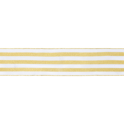 2 1/2" Wired Ribbon | White w Metallic Gold Stripe | 10 Yard Roll LaRibbons and Crafts