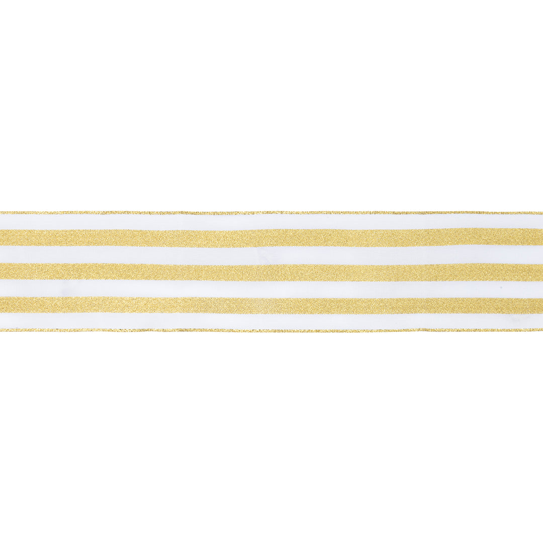 2 1/2" Wired Ribbon | White w Metallic Gold Stripe | 10 Yard Roll