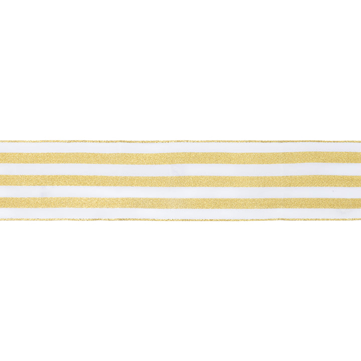 2 1/2" Wired Ribbon | White w Metallic Gold Stripe | 10 Yard Roll