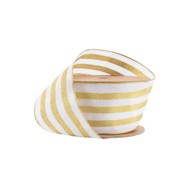2 1/2" Wired Ribbon | White w Metallic Gold Stripe | 10 Yard Roll LaRibbons and Crafts