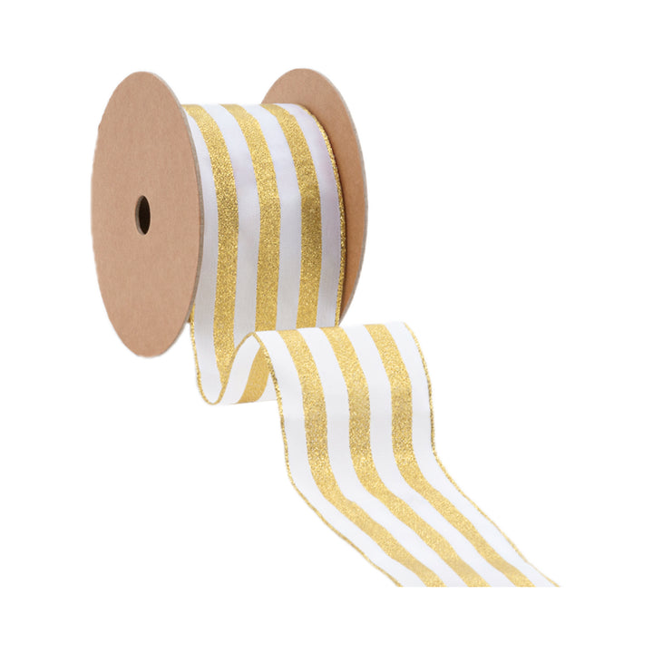 2 1/2" Wired Ribbon | White w Metallic Gold Stripe | 10 Yard Roll