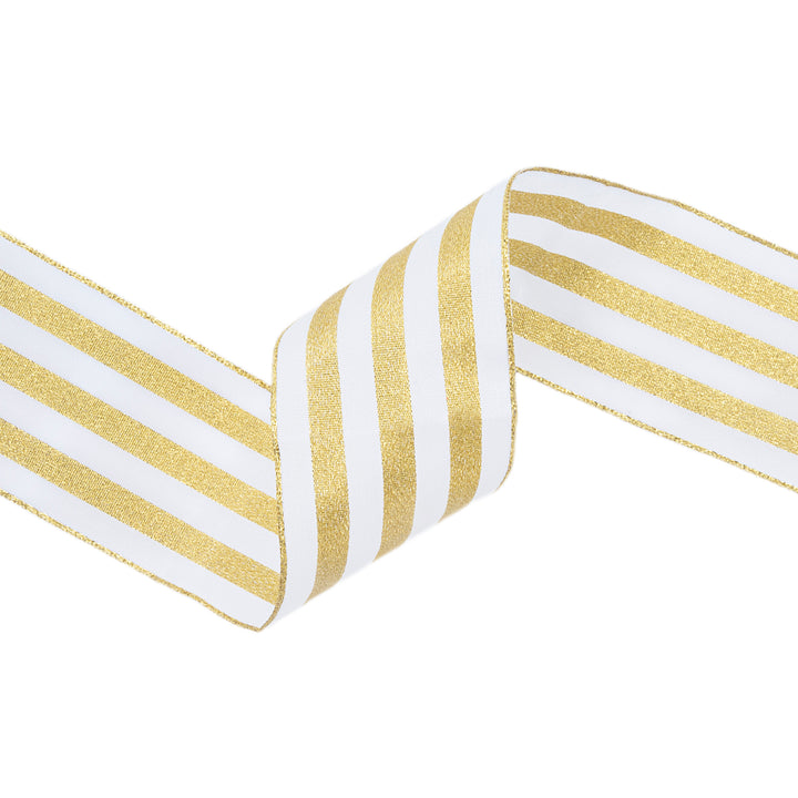 2 1/2" Wired Ribbon | White w Metallic Gold Stripe | 10 Yard Roll