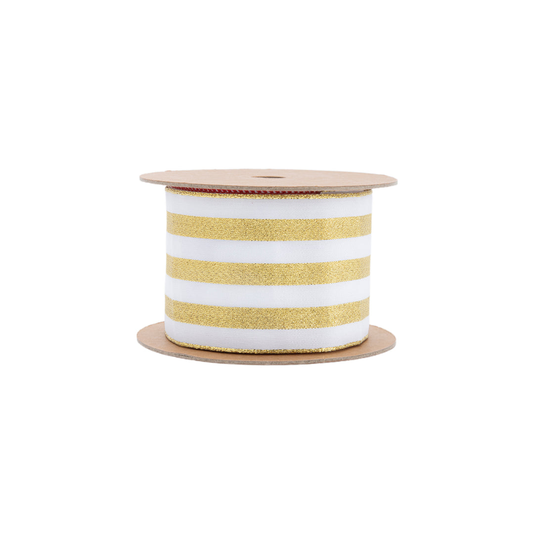 2 1/2" Wired Ribbon | White w Metallic Gold Stripe | 10 Yard Roll