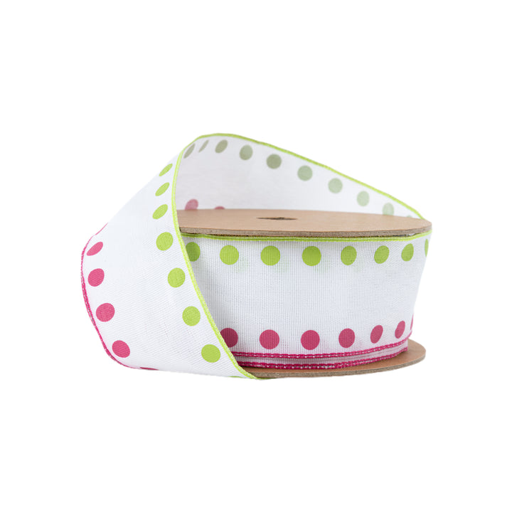 1 1/2" Wired Ribbon | Candy Dot Pink/Green | 10 Yard Roll