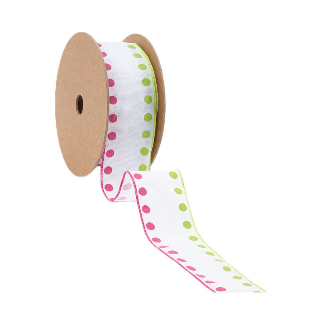 1 1/2" Wired Ribbon | Candy Dot Pink/Green | 10 Yard Roll