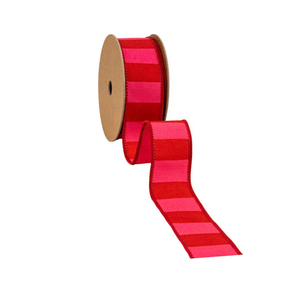 Unrolled 1.5" Wired Dupioni Ribbon (red/pink stripes)—wired for wreaths/gifts.