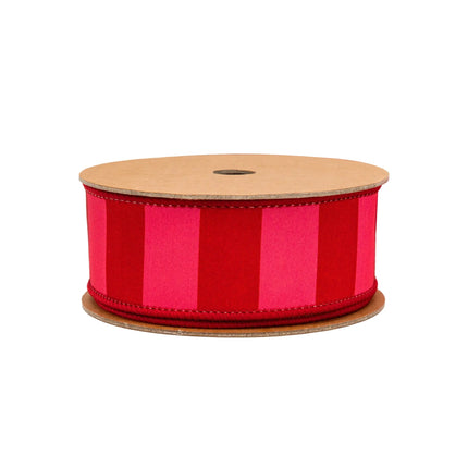 Full spool 1.5" Wired Dupioni Ribbon: red/pink stripes—wired for festive decor.