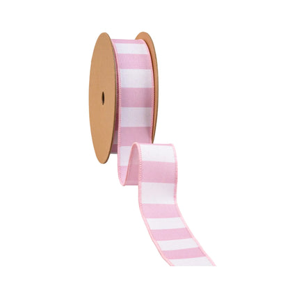 1 1/2" Wired Ribbon featuring horizontal light pink stripe and pink backing, great for DIY hair bows.