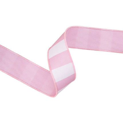 Light pink horizontal stripe 1 1/2" wired ribbon with pink backing, suitable for party styling.