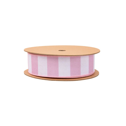 1 1/2" Wired Ribbon with horizontal light pink stripe and pink backing, for crafting spring accents.