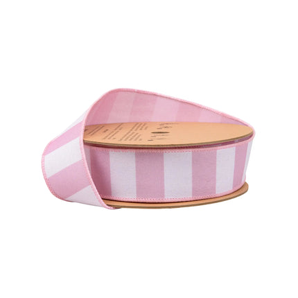 1 1/2" Wired Ribbon with horizontal light pink stripe and pink backing, ideal for baby shower decor.