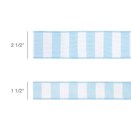 This image displays a size comparison of 2 1/2" and 1 1/2" widths of wired ribbon, featuring a classic light blue and white horizontal stripe pattern