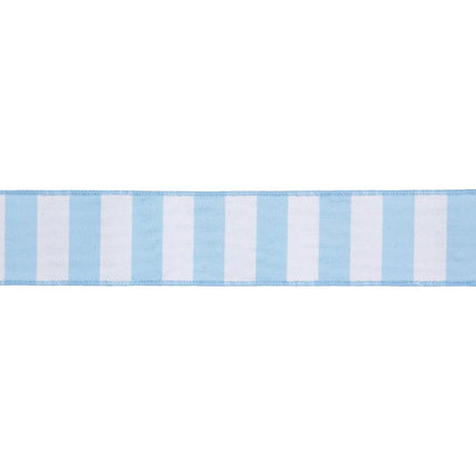 Light blue and white horizontal stripe 2 1/2" wired ribbon with blue backing, adds a fresh, airy touch to table settings.
