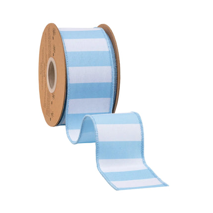 Blue-backed 2 1/2" Wired Ribbon featuring light blue horizontal stripe, crafts playful bows for nautical party accents